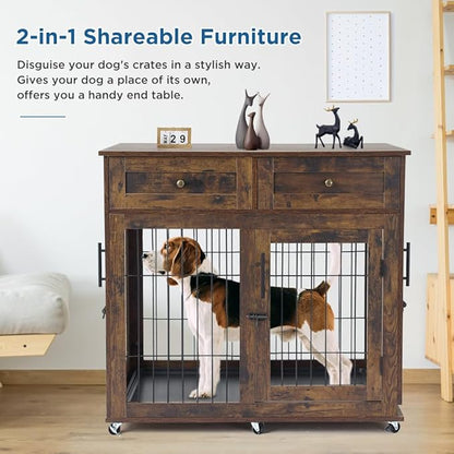 Dog Crate Furniture with 2 Drawers, Wooden Dog Kennel with Divider and Removable Tray, Double Rooms Dog Cage for 2 Dogs, Wooden Dog Crate End Table