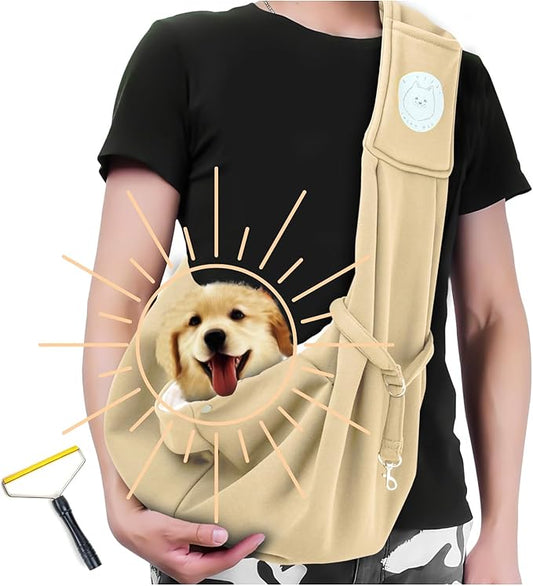 Pet Carrier Portable Sling with Pet Hair Remover, Kitten Sling, Hands-Free Pet Chest Bag, Escape Proof, Adjustable Shoulder Strap, Suitable for Small Size Dogs Cats Puppy Kitten (Khaki)