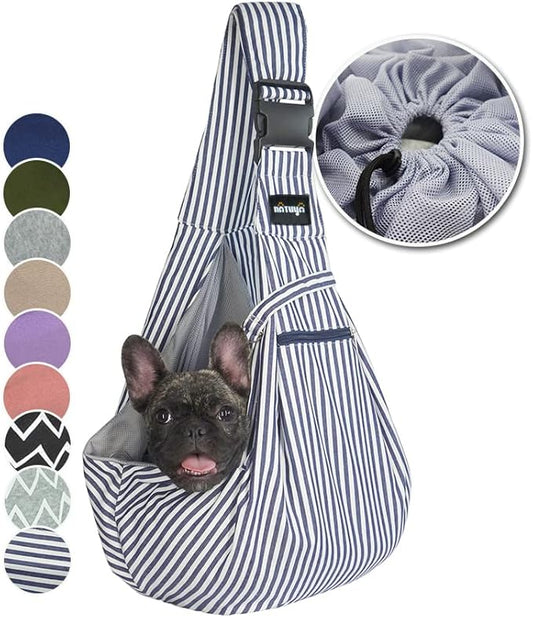 NATUYA Pet Dog Sling Carrier - Dog Sling with Net Bag for Carrier Dogs Cats-Hands Free Pet Bag-Buckle net Pocket pet Bag (Blue Strips)