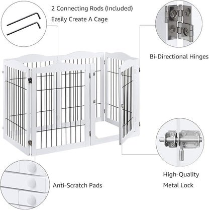 beeNbkks Extra Wide Pet Gate, 6 Panels Freestanding Dog Gate with Walk Through Door and 5 Support Feet, Foldable Pet Barrier Fence for Stairs Doorways Fireplace, Indoor Exercise Playpen for Dogs Cats