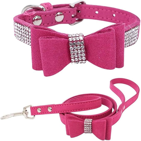 Rhinestone Bowtie Small Dog Collar and Leash Set, Diamond Puppy Collars Bow Crystal Bling Jeweled Glitter Girl Female Adjustable for XXSmall X-Small Small Medium Large Dogs (Rose Red-1,XXLarge)