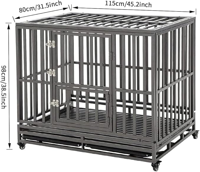 KELIXU 46” Heavy Duty Dog Crate Large Dog Cage Metal Dog Kennels and Crates for Large Dogs Indoor Outdoor with Locks, Lockable Wheels and Removable Tray, Easy to Install, Black