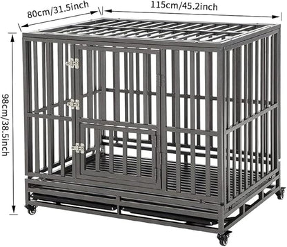 KELIXU 46” Heavy Duty Dog Crate Large Dog Cage Metal Dog Kennels and Crates for Large Dogs Indoor Outdoor with Locks, Lockable Wheels and Removable Tray, Easy to Install, Black