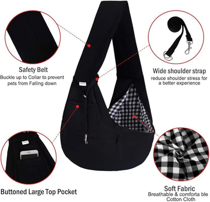 FDJASGY Small Pet Sling Carrier-Hands Free Reversible Pet Papoose Bag Tote Bag with a Pocket Safety Belt Dog Cat for Outdoor Travel Black