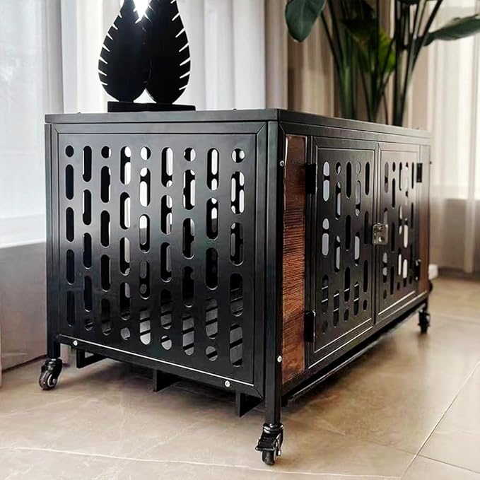 Furniture Dog Crate, Heavy Duty Dog Crate Indoor with 4 Lockable Wheels and Drawer Tray Large Dog Crate Kennel for Large Medium Small Dogs Black One Size