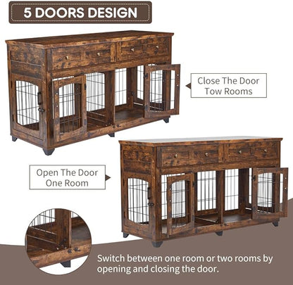 2 Rooms Dog Crate Furniture for Big Breed,58" Wooden Dog Crate Table with 2 Drawers,Indoor Dog Kennel,Dog House,Dog Cage,TV Stand (Brown)