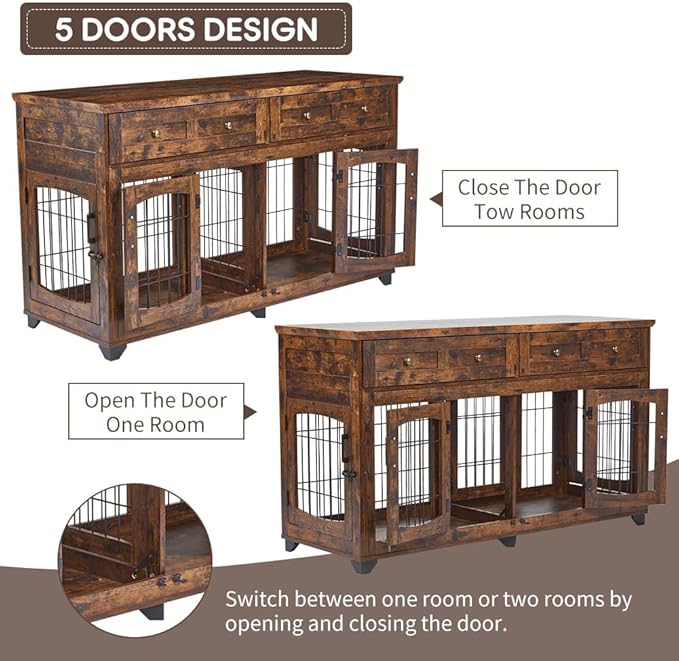 Large Dog Crate Furniture, Double Dog Kennel Furniture with 2 Drawers and Removable Divider, XXL Heavy Duty Wood Dog Crate Table for 2 Dogs Indoor (Rustic Brown, 58in)