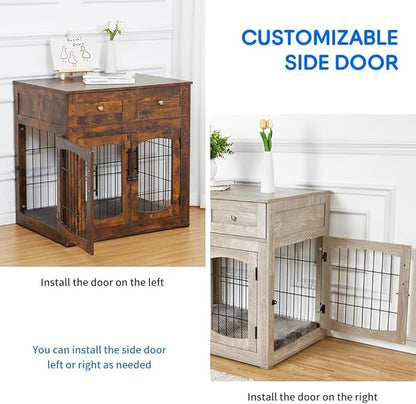 Dog Crate Furniture with 3 Doors,39.4" Large Dog Crate with 2 Drawer & Cushion,Wooden Dog House Kennel for Medium/Large Dog (39.4" L×23.6" W×40" H)