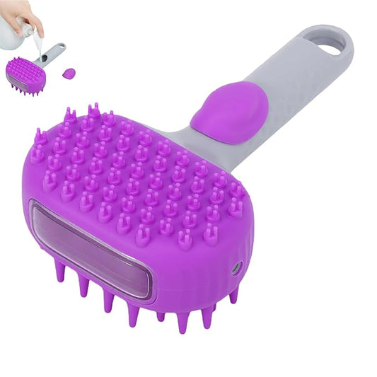 QMEAKMONY Dog Bath Brush Shampoo Brush Scrubber for Bath with Soap Dispenser Soft Bristles Deep Cleaning Ergonomic Handle for Grooming Shedding and Long Short Haired Dogs (Purple)