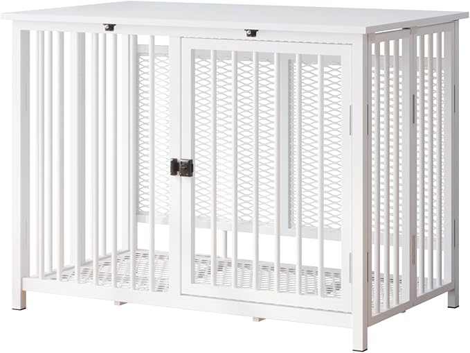 Heavy Duty Dog Crate Furniture, Fully Assembled exc. Locks, All Metal Frame & Wooden Tabletop, Modern Kennel for Small/Medium Dog, End Table, Sturdy, Foldable, White