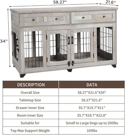 2 Dog Crate Furniture for Large Breeds,Large Dog Kennel Furniture TV Stand,58" Wooden Dog Kennel End Table with Drawers,Double Dog House with Divider
