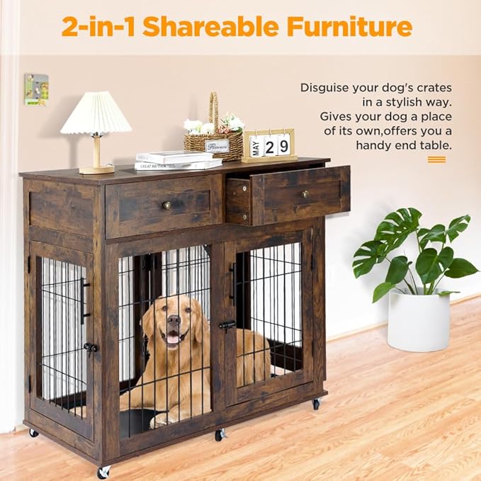 Dog Crate Furniture with Storage,39.4" Large Wooden Dog Kennel Crate End Table with Divider,Dog Cage Dog House Indoor (Rustic Brown)