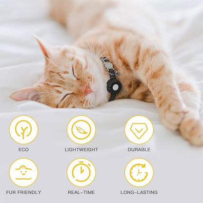 Cat Tracker Collar,No Monthly Fee Tracking Pet Collar with Finder Tag,Compatible with Apple Find My(iOS Only),Breakaway Tractive Design with Reflective Pattern & Bell,Black
