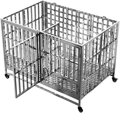 Collapsible Stainless Steel Dog Crate, 30" 37" 42" 48" Sizes, Lockable Wheel, with Tray, Stackable, Heavy Duty, Divider, Indoor and Outdoor (48insm)