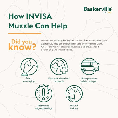 Baskerville INVISA Basket Dog Muzzle - Patented Humane Design with Facial Visibility, Padded Nose Band, Dog can Pant and Drink, Prevents Biting and Scavenging. Muzzle for Large Dogs (Size 5)
