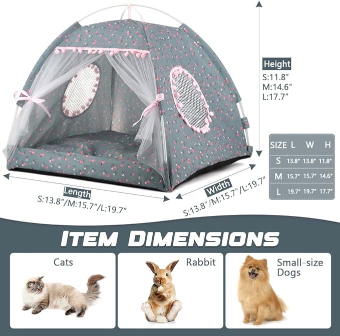 pawstrip Dog Tent Indoor Cat House Pink Puppy Bed Portable Pet Teepe Princess Dog Camping Tent Outdoor Kitten Houses Cute Bunny Nest Girl Kitty Cave (M, Gray)