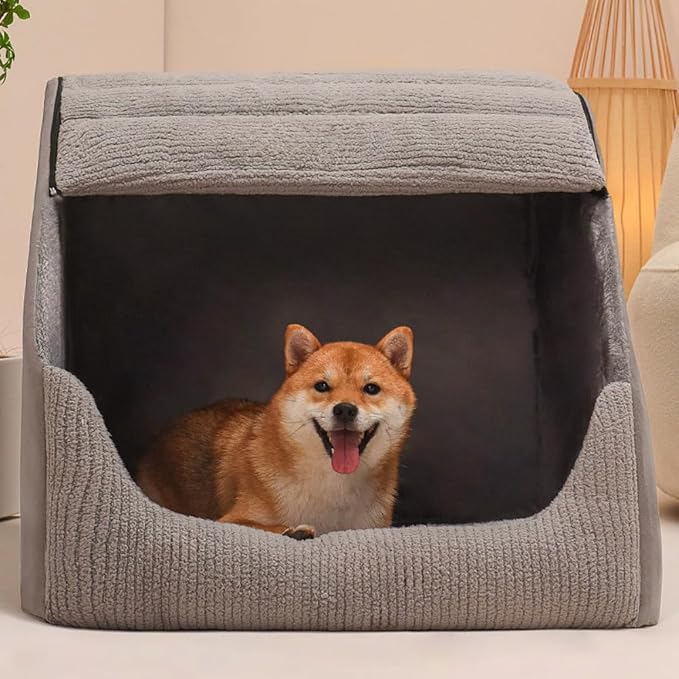 Extra Large Dog Bed House, 30D Memory Sponge, Cozy Dog House Indoor, Plush Dog Cave Bed Crate Cushion with Non-Slip Bottom for Medium Large Dogs (Grey, M)