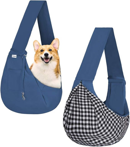 FDJASGY Small Pet Sling Carrier-Hands Free Reversible Pet Papoose Bag Tote Bag with a Pocket Safety Belt Dog Cat for Outdoor Travel Navy Blue