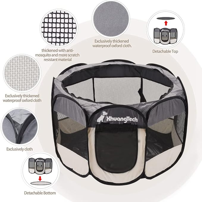 Foldable Pet Dog Playpen, Pop Up Portable Cat Playpen, Indoor/Outdoor for Kitten Puppy Play Pen, Cats Crate Tent with Carrying Bag, 600D Oxford (Grey + Beige, Medium (31.5"x31.5"x23"), 8)