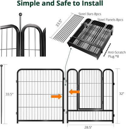 PawGiant Dog Fence Playpen 24”/32”/40” Indoor Outdoor for Small/Medium/Large Dogs, Metal Pet Puppy Cat Exercise Fencing Gate Crate Cage Outside RV, Camping, Yard, Garden