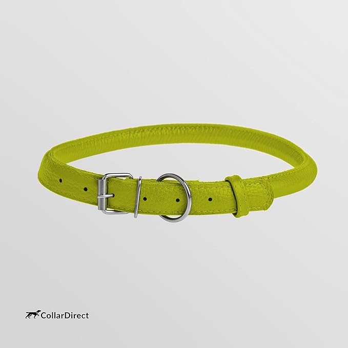 CollarDirect Rolled Leather Dog Collar, Soft Padded Round Puppy Collar, Handmade Genuine Leather Collar Dog Small Large Cat Collars 13 Colors (6-7 Inch, Lime Green Textured)