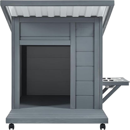 Dog House with Terrace,Weatherproof PVC Roof Small Dogs Kennel W/ 2 Feeding Stainless Bowls and 4 Wheels,Indoor & Outdoor Pine Dog Cage,Easy to Assemble,for Small Dogs,Pets,Gray
