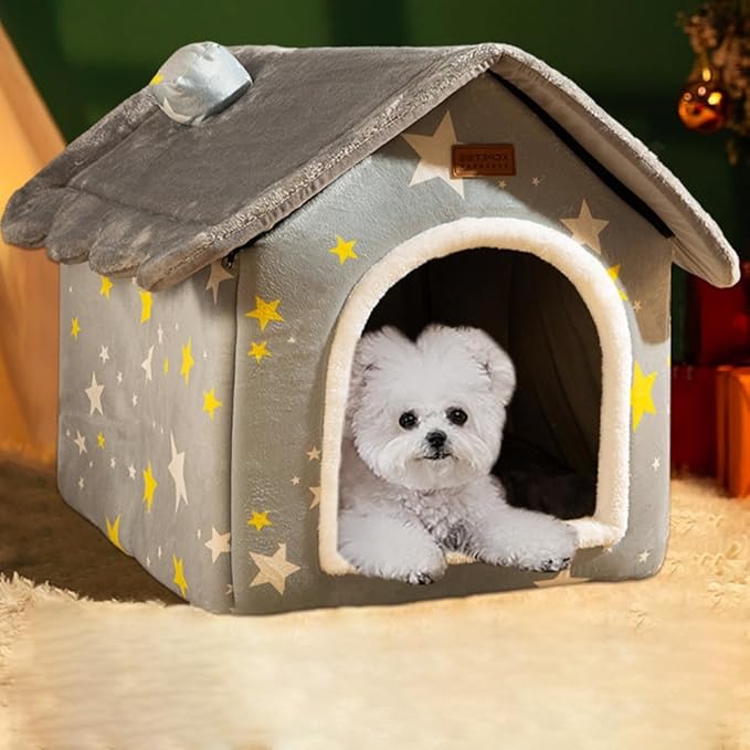 SEAHOME Foldable Dog House Kennel Bed Mat for Indoor Pets,Enclosed Warm Plush Sleeping Nest Bed with Removable Cushion,Covered Small Pet Condos Indoor Cat Hideaway (M, Grey)