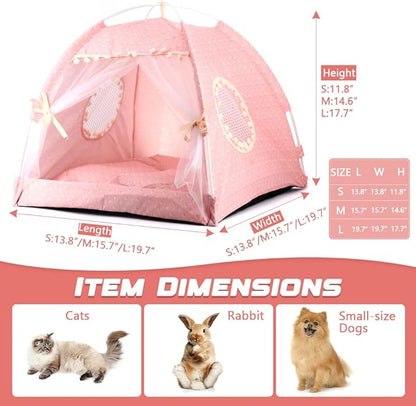 pawstrip Dog Tent Indoor Cat House Pink Puppy Bed Portable Pet Teepe Princess Dog Camping Tent Outdoor Kitten Houses Cute Bunny Nest Girl Kitty Cave (L, Light Pink)