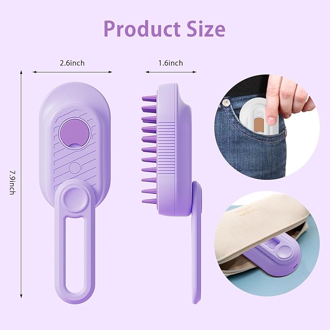 Pet Steam Brush for Dog Cat, 3-in-1 Cat Steam Brush for Shedding Grooming/Massage/Cleaning, Static-Free Deshedding Comb with Nano Spray, 360° Rotating Handle, Rubber Teeth & Portable Design (Purple)