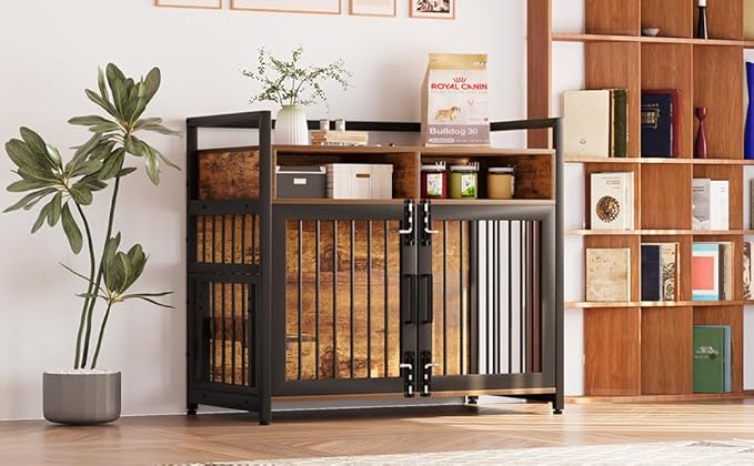 48 Inch Large Dog Crate Furniture for Large Dogs, Heavy Duty Kennel with 2 Drawers Storage, 360° Adjustable Raised Feeder, Wooden Dog Cage Indoor House End Table for Dogs