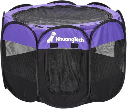 Foldable Pet Dog Playpen, Pop Up Portable Cat Playpen, Indoor/Outdoor for Kitten Puppy Play Pen, Cats Crate Tent with Carrying Bag, 600D Oxford (Purple + Black, Medium (31.5"x31.5"x23"), 8)