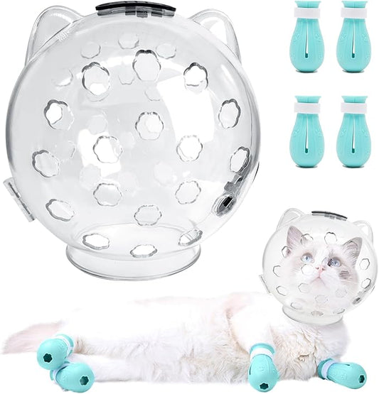 Fhiny Cat Muzzle,Transparent Helmet with 4 Boots Adjustable Breathable Kitty Hood Anti Bite Bubble Astronaut Mask Silicone Claw Covers for Cats Bathing Shaving Grooming (Small)