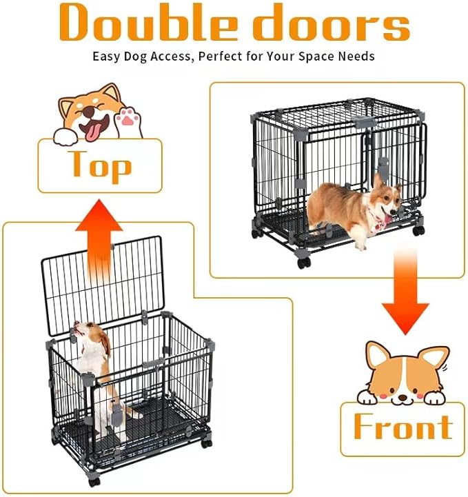 24" Dog Crate for Small Dogs, Double Door Dog Kennel with Removable Trays & Lockable Wheels, Escape Proof Metal Pet Cage, Stackable Indestructible Puppy Crate Indoor