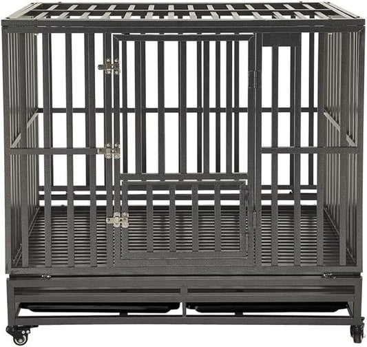 KELIXU 42” Heavy Duty Dog Crate Large Dog Cage Metal Dog Kennels and Crates for Large Dogs Indoor Outdoor with Locks, Lockable Wheels and Removable Tray, Easy to Install, Black