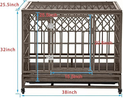 SMONTER Heavy Duty Dog Crate Strong Metal Pet Kennel Playpen with Two Prevent Escape Lock, Large Dogs Cage with Wheels, Y Shape, Brown (Strengthen-38INCH, Brown)
