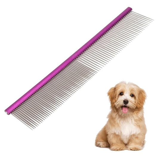 Pet Comb 8 inches Comfortable Grooming Comb with Different-Spaced Rounded Stainless Steel Teeth, Easy Grip and Convenient Grooming for Pets Dog Cat with Medium Coarse Fur - Purple