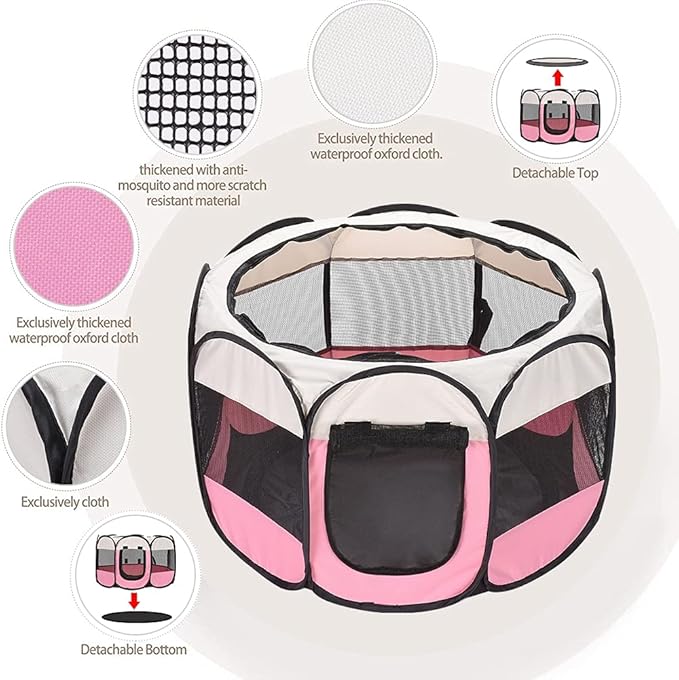 XianghuangTechnologyPet Portable Foldable Playpen, Dog/Cat/Puppy Exercise Pen Kennel, Removable Mesh Shade Cover (Pink)