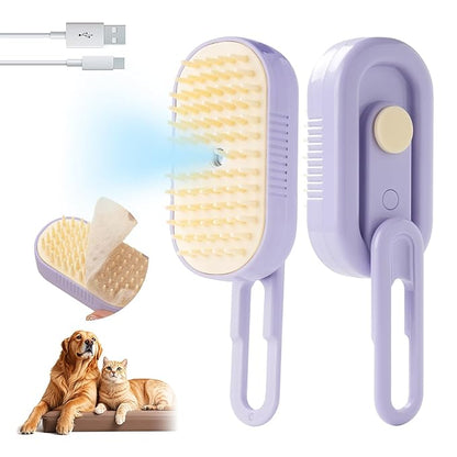 Soft 3-in-1 Silisone Spray Brush, Upgraded for Shedding, Cleaning and Spa Massage, Hair Removal, Best Water Steam Brush for indoor Long or Short Haired Cat and Dog (Purple, Handle)