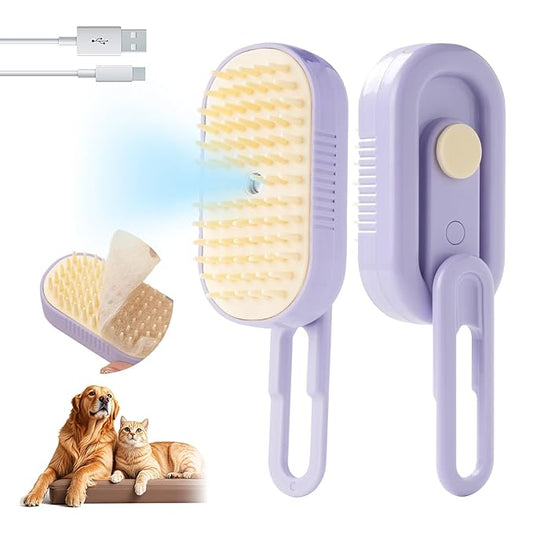 Soft 3-in-1 Silisone Spray Brush, Upgraded for Shedding, Cleaning and Spa Massage, Hair Removal, Best Water Steam Brush for indoor Long or Short Haired Cat and Dog (Purple, Handle)