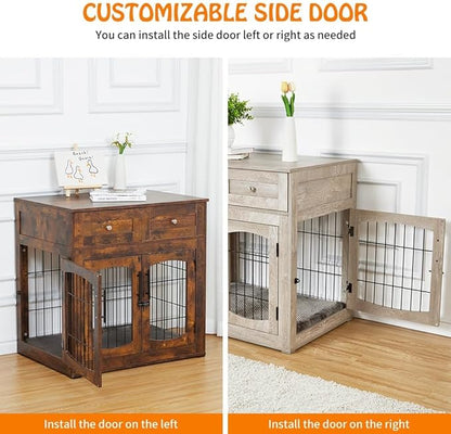 Dog Crate Furniture with Storage Drawers,39.4" Wooden Dog Crate Table with 2 Drawers,Indoor Dog Kennel with Cushion,Dog House,Dog Cage,Side End Table Crate