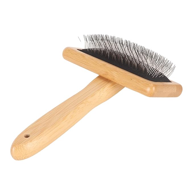 Macrame Slicker Comb with Hole Cushion Finely Polished Bamboo Cleaning Brush Sheepskin Wool Stainless Steel Pins Carding Rug Fur Brushes Long Prongs Pet (13.7x20.3x5.2cm
