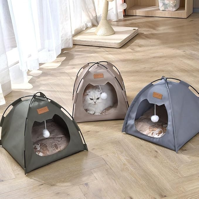 Cute Cat Teepee Cave, Cat Tent Foldable Indoor Outdoor with Thick Mat,Puppy Bed Tent,Bunny Pet Tent Teepee,Portable Dog House Teepee Tent, Cat Bed,Dog Bed Tent,Puppy Bunny,Pet Tent Teepee (R, M)
