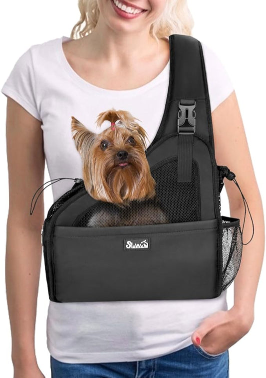 Lukovee Dog Slings for Small Dogs, Hard Bottom Support & Adjustable Soft Padded Shoudler Strap Dog Sling Carrier, Dog Purse with Button Closure & Zipper Pockets (for Short Leg Pets up to 6 lbs,Black)