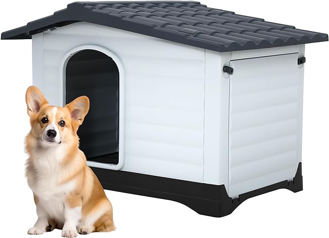 FDW Dog House Indoor Outdoor Durable House with Weatherproof Pet Plastic Dog House for Dogs Cats with Air Vents and Elevated Floor