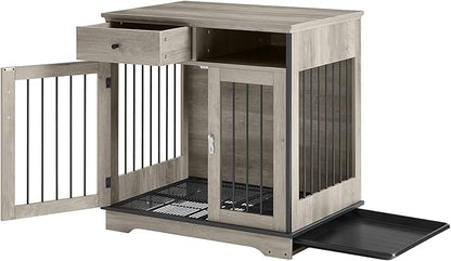 32Inch Dog Crate Wooden Lockable Dog Kennel with Removable Tray and Storage Drawer Indoor Dog Crate Furniture End Table Pet Cage 32.3'' W x 22.8'' D x 33.5'' H Grey