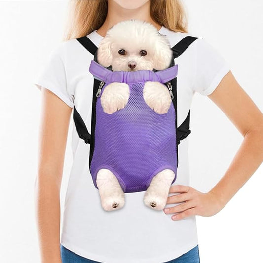 FEimaX Dog Carrier Backpack Pet Legs Out Front Cat Travel Bag, Adjustable Puppy Backpacks Carriers Hands-Free for Small Medium Dogs Cats Hiking Traveling Camping Daily Walking (Small, Purple)