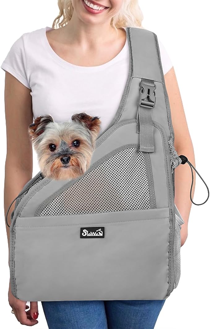 Lukovee Dog Slings for Small Dogs, Hard Bottom Support & Adjustable Soft Padded Shoudler Strap Dog Sling Carrier, Dog Purse with Button Closure & Zipper Pockets (for Pets 6-12 lbs, Grey)