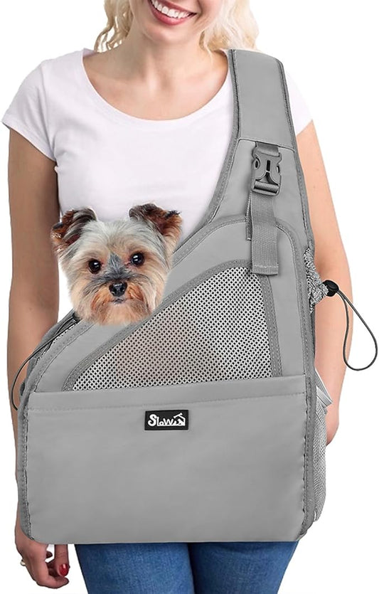 Lukovee Dog Slings for Small Dogs, Hard Bottom Support & Adjustable Soft Padded Shoudler Strap Dog Sling Carrier, Dog Purse with Button Closure & Zipper Pockets (for Pets 6-12 lbs, Grey)