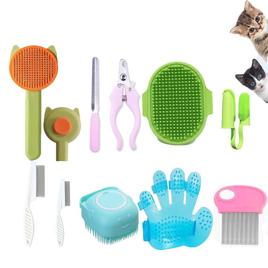 10PCS Cat&Dog Grooming Brush Kit,Self-Cleaning Grooming Brush Removes Loose Hair，Pet bath brush,Bath Massage Glove Brush, Nail Clipper, Flea Comb
