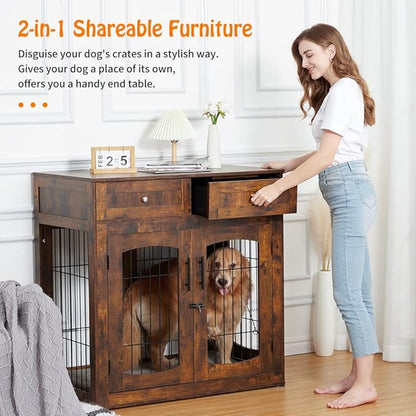 Dog Crate Furniture with Drawers and Cushion, 39.4" 3-Doors Dog Furniture, Wooden Dog House Kennel for Large/Medium/Small Dog, Dog Crate Table, Indoor End Table Dog House (Rustic Brown)